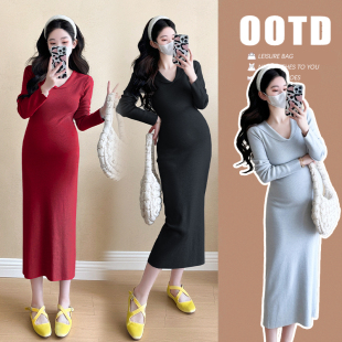 简约长袖 时尚 连衣裙2025新款 孕妇裙秋季 怀孕裙子秋 孕妇装 修身 秋装