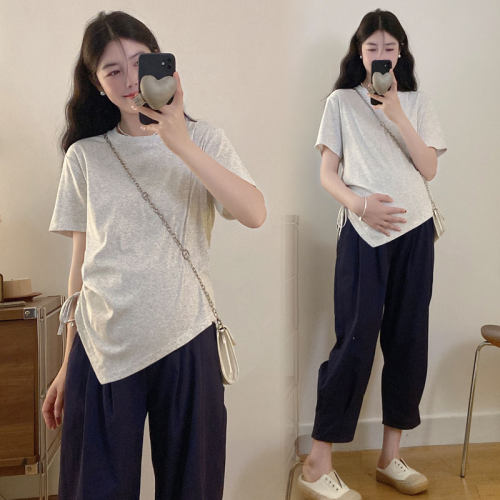 孕妇装夏装设计感抽绳短袖上衣夏