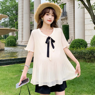 孕妇装夏装设计感短袖百褶雪纺衫时尚蝴蝶结系带上衣夏季休闲衣服