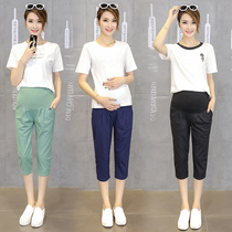 Pregnant women's summer pants summer thin cotton and hemp Capris 2020 summer new pregnant women's Leggings middle pants summer