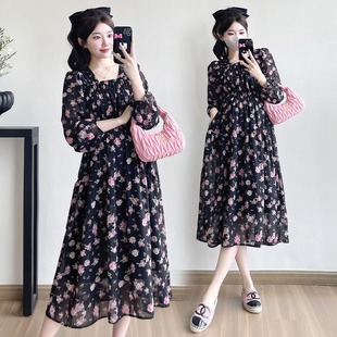 孕妇裙春季 孕妇装 碎花雪纺连衣裙2026新款 九分袖 宽松显瘦裙子 春装