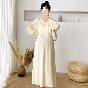 简约休闲百搭裙子秋装 孕妇装 V领针织连衣裙时尚 长袖 孕妇裙 秋冬装