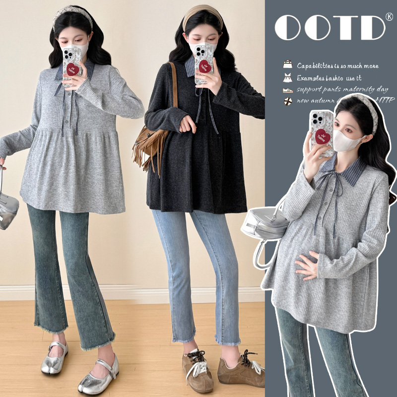 孕妇秋装时尚翻领格子长袖针织衫