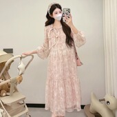 春装 蝴蝶结系带裙子春季 新品 连衣裙时尚 休闲孕妇裙 提花长袖 孕妇装