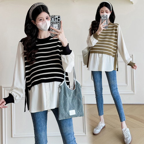 孕妇秋装假两件拼接条纹长袖上衣
