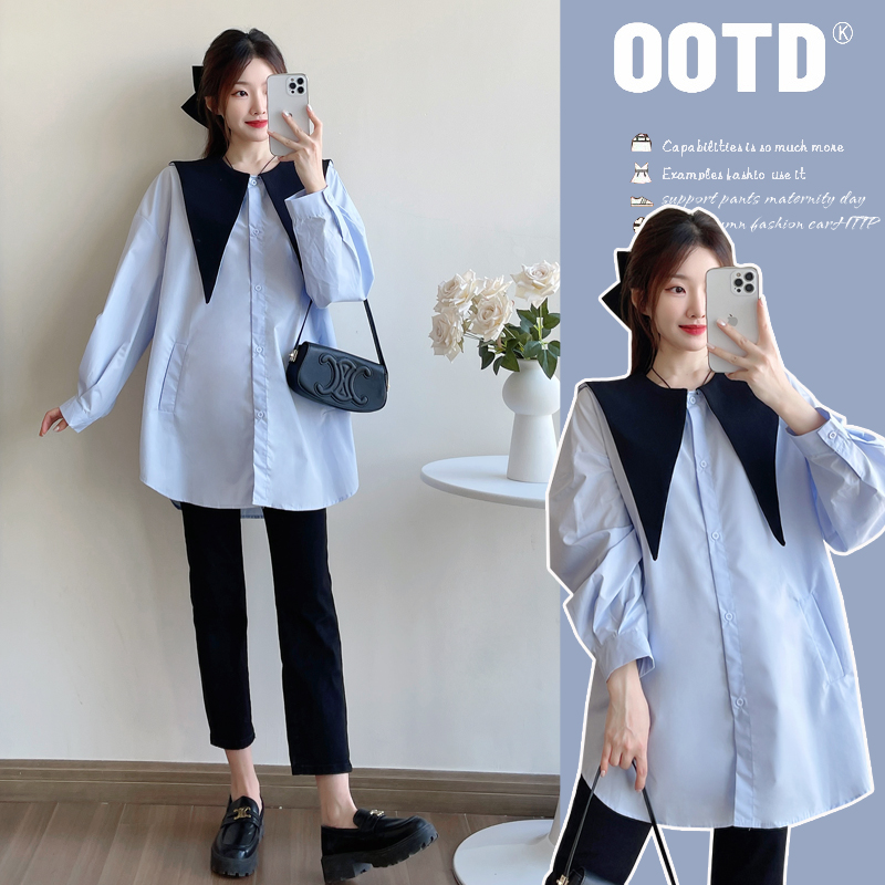 孕妇装秋装撞色海军领长袖衬衫秋