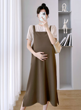 孕妇装夏装假两件拼色短袖连衣裙