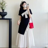 设计感撞色裙子夏季 孕妇装 连衣裙时尚 拼接百褶雪纺短袖 孕妇裙 夏装