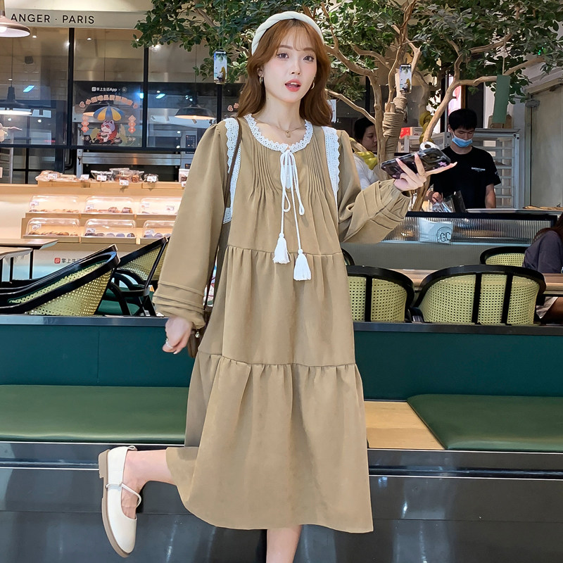 孕妇装秋装时尚蕾丝花边长袖连衣裙宽松大码裙子春秋韩版孕妇裙秋