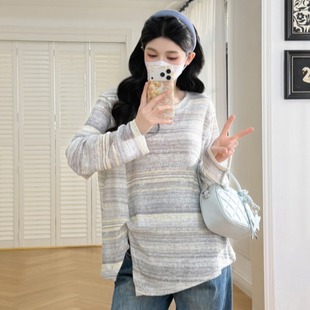 孕妇装春装开叉褶皱长袖条纹上衣2026新款孕妇T恤春季怀孕衣服春