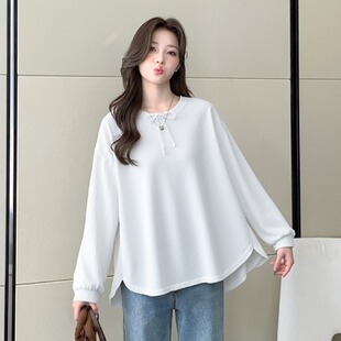 孕妇装春装蝴蝶结系带长袖上衣宽松大码休闲百搭T恤春季怀孕衣服