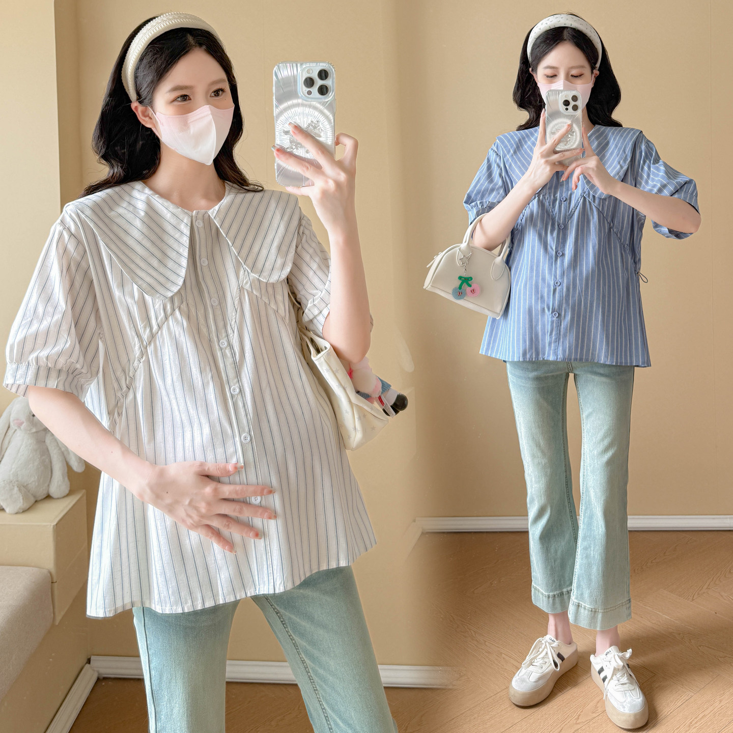 孕妇装夏装娃娃领短袖条纹衬衫夏图片