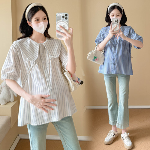 孕妇装夏装娃娃领短袖条纹衬衫夏