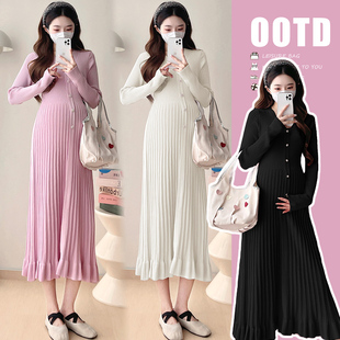 简约休闲裙子秋冬装 孕妇装 针织毛衣百褶连衣裙时尚 长袖 孕妇裙 秋装