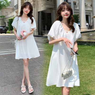 孕妇装夏装时尚泡泡袖V领连衣裙