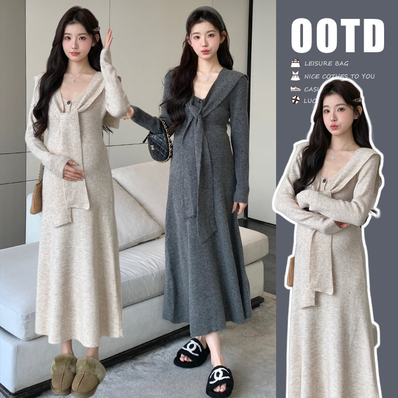孕妇装秋冬装披肩系带长袖连衣裙
