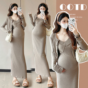 孕妇装秋装长袖开衫上衣秋季吊带裙秋冬装两件套连衣裙套装裙子秋