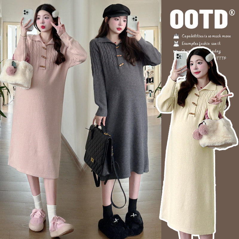 孕妇装秋冬装长袖麻花针织连衣裙2026新款孕妇裙秋装简约怀孕裙子