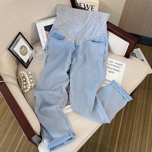 孕妇裤子夏季外穿冰丝牛仔托腹裤2023新款宽松直筒裤夏装九分裤夏