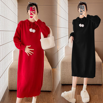 孕妇装秋冬装长袖连帽条纹连衣裙