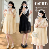 百褶雪纺裙子夏季 孕妇装 连衣裙时尚 蕾丝娃娃领短袖 休闲孕妇裙 夏装