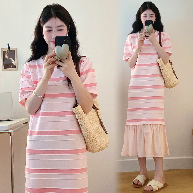 孕妇装夏装时尚短袖条纹连衣裙夏
