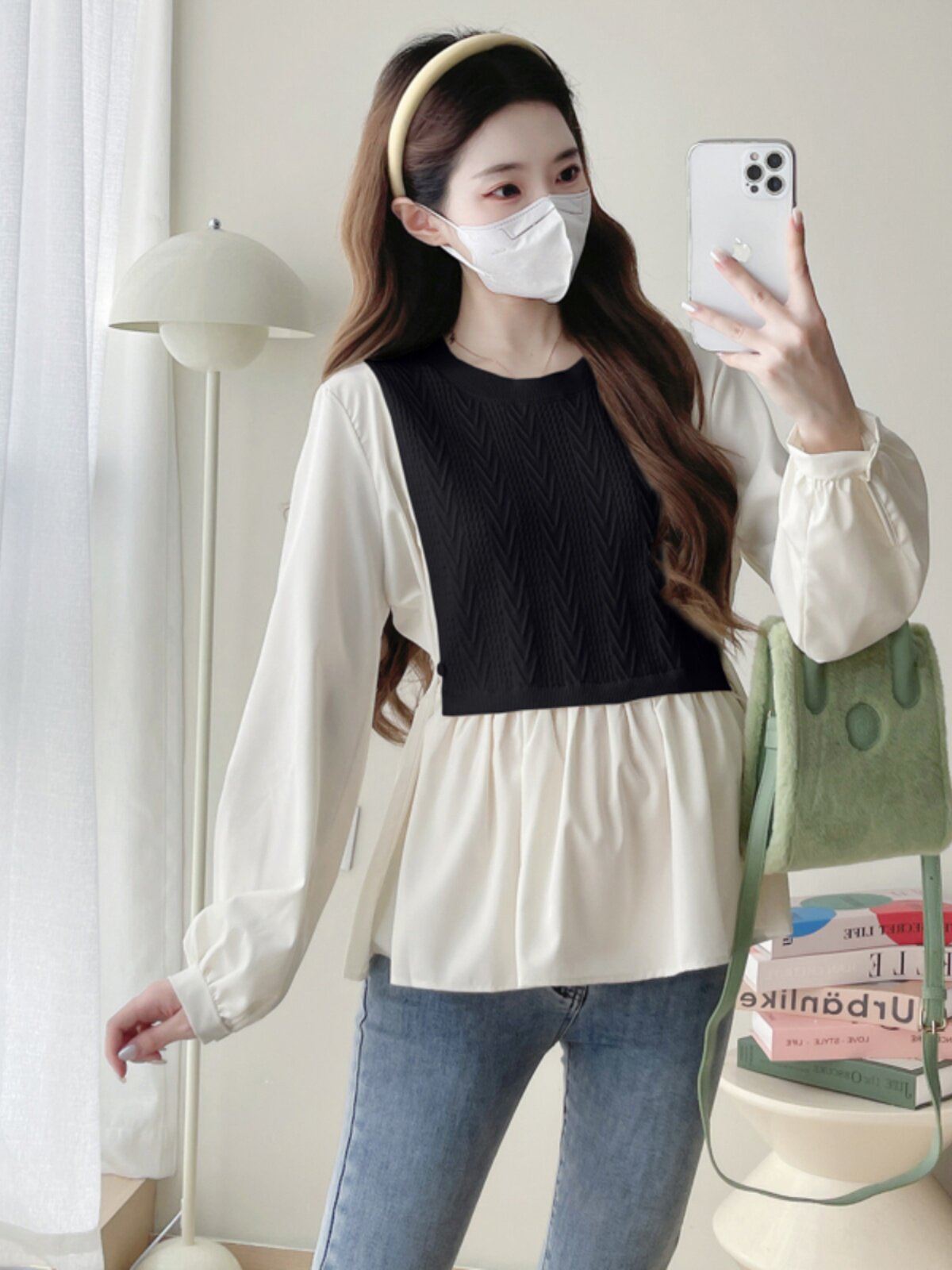 출산 의류 가을 가짜 투피스 컬러 차단 긴팔 탑 2024 새로운 출산 인형 셔츠 봄 가을 임신 옷 가을