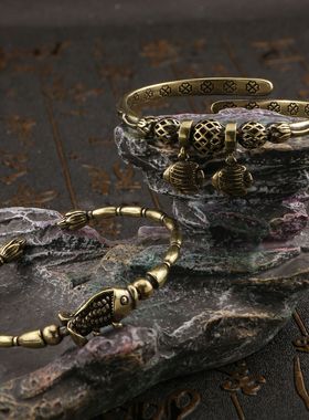 实心铜手镯国潮锦鲤双鱼座复古百搭汉服镯子饰品