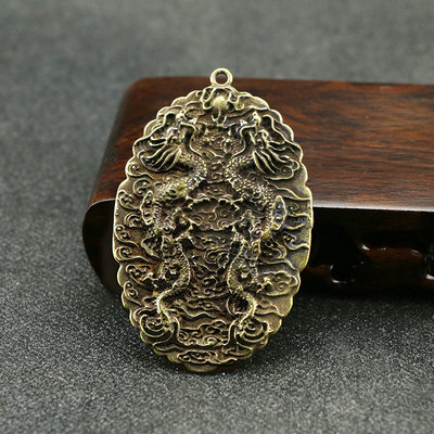 仿古做旧纯黄铜古代帝王双龙戏珠圣旨吊牌传令信物古玩收藏铜器