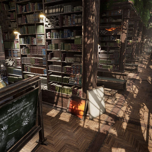 ue5场景古老魔法师的图书馆虚幻5资源破旧室内藏书阁旋转楼梯素材