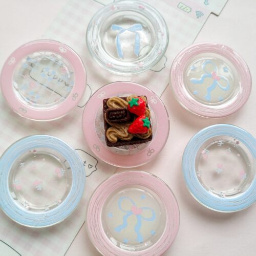 微缩仿真透色蝴蝶结花朵食玩盘子娃屋捏捏装饰盘手工diy树脂配件