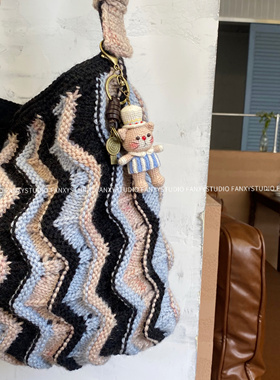 Fanxy手工棒针羊毛线钩织韩系蓝色海盐可可托特包单肩可调节斜挎