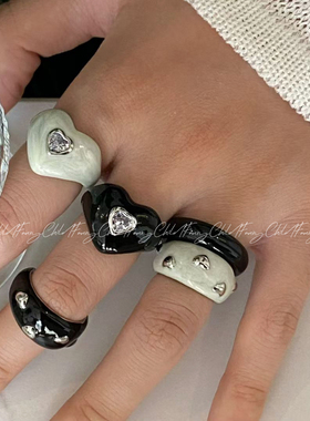 韩国ins风甜酷风爱心星星拼色滴釉开口戒指女时尚个性潮