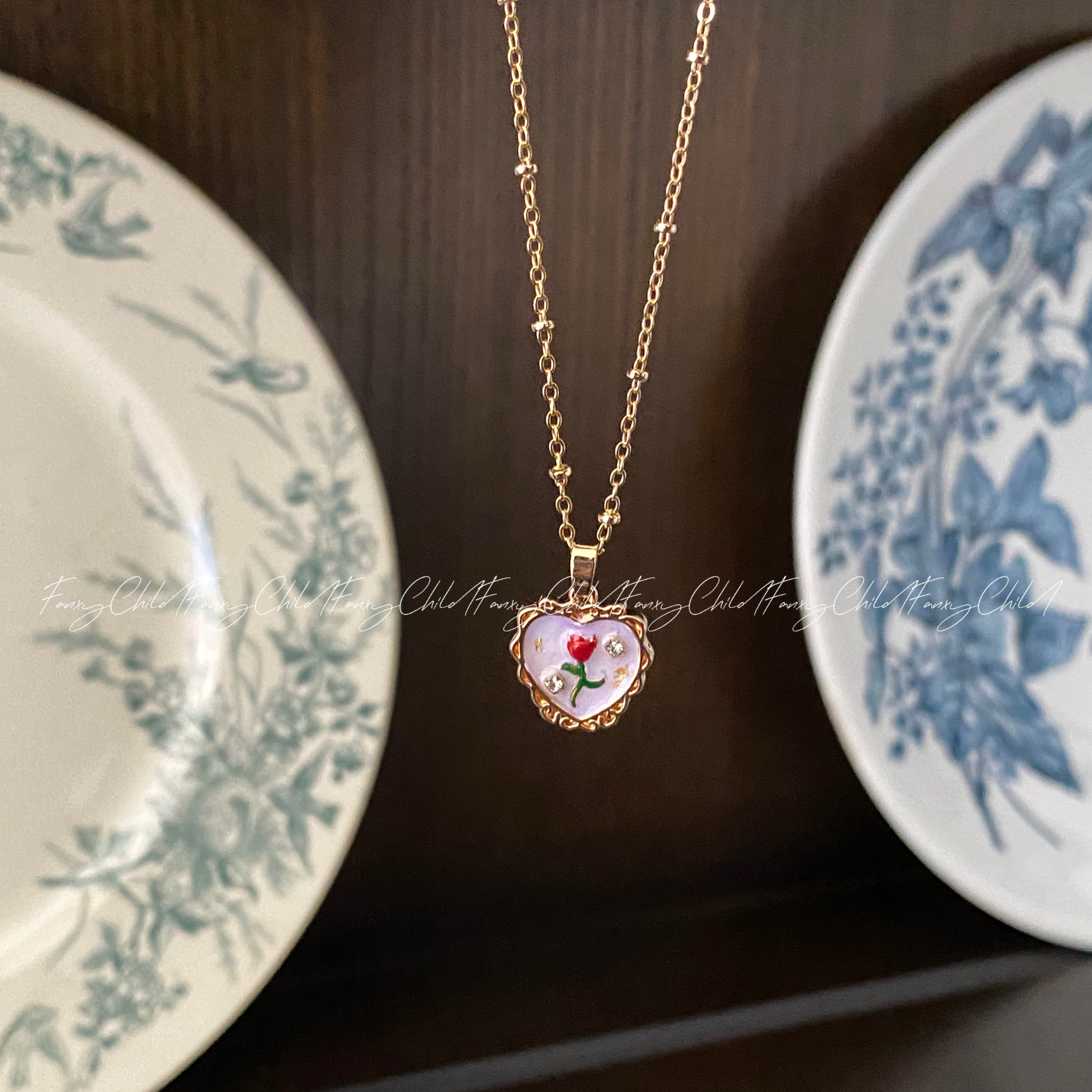Fanxy中古vintage油画玫瑰项链吊坠手工项链巴洛克紫色花朵滴釉款