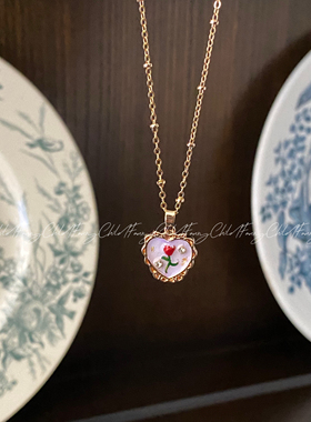 Fanxy中古vintage油画玫瑰项链吊坠手工项链巴洛克紫色花朵滴釉款