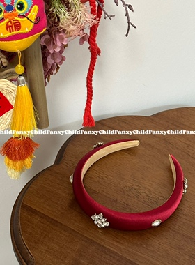 Fanxy原创设计独家新年款~正红色复古丝光缎面钻石珍珠发箍