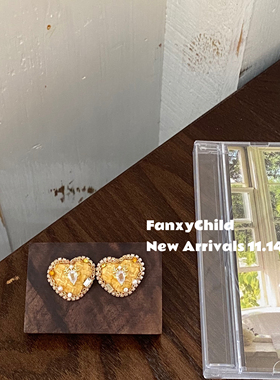 Fanxy麋鹿水钻珍珠黄色爱心珍珠耳钉 复古轻奢重工925银耳饰