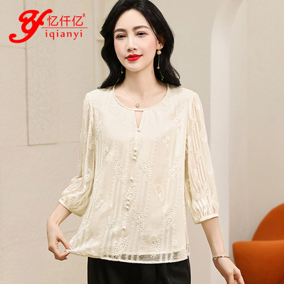 杭州品牌真丝上衣女桑蚕丝香云纱七分袖妈妈洋气年轻时尚中式上装