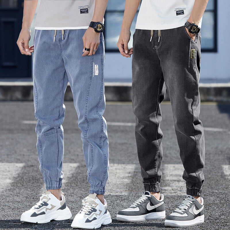 九分牛仔裤男士百搭灰色浅色潮牌潮流抽绳修身小脚薄款休闲束脚裤