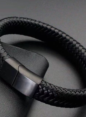潮牌男款复古朋克皮绳手链简约潮流黑色手镯