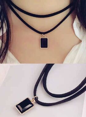 双层绒皮方钻黑宝石锁骨链女原宿个性潮脖链项圈短款颈带项链