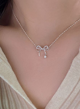 巷南银蝴蝶结颈链小众锁骨链女夏项链2024