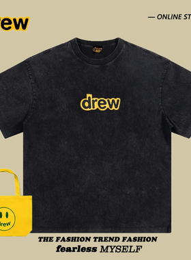 Drew潮牌字母印花洗水做旧短袖T恤男女同款宽松百搭情侣上衣vtg潮