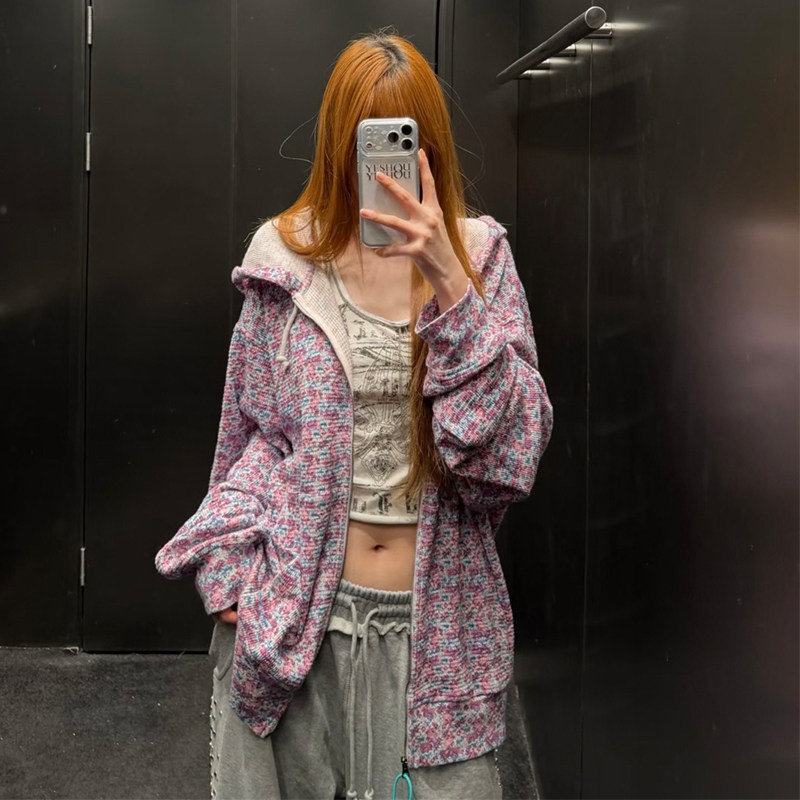 迷彩碎花华夫格拉链卫衣外套