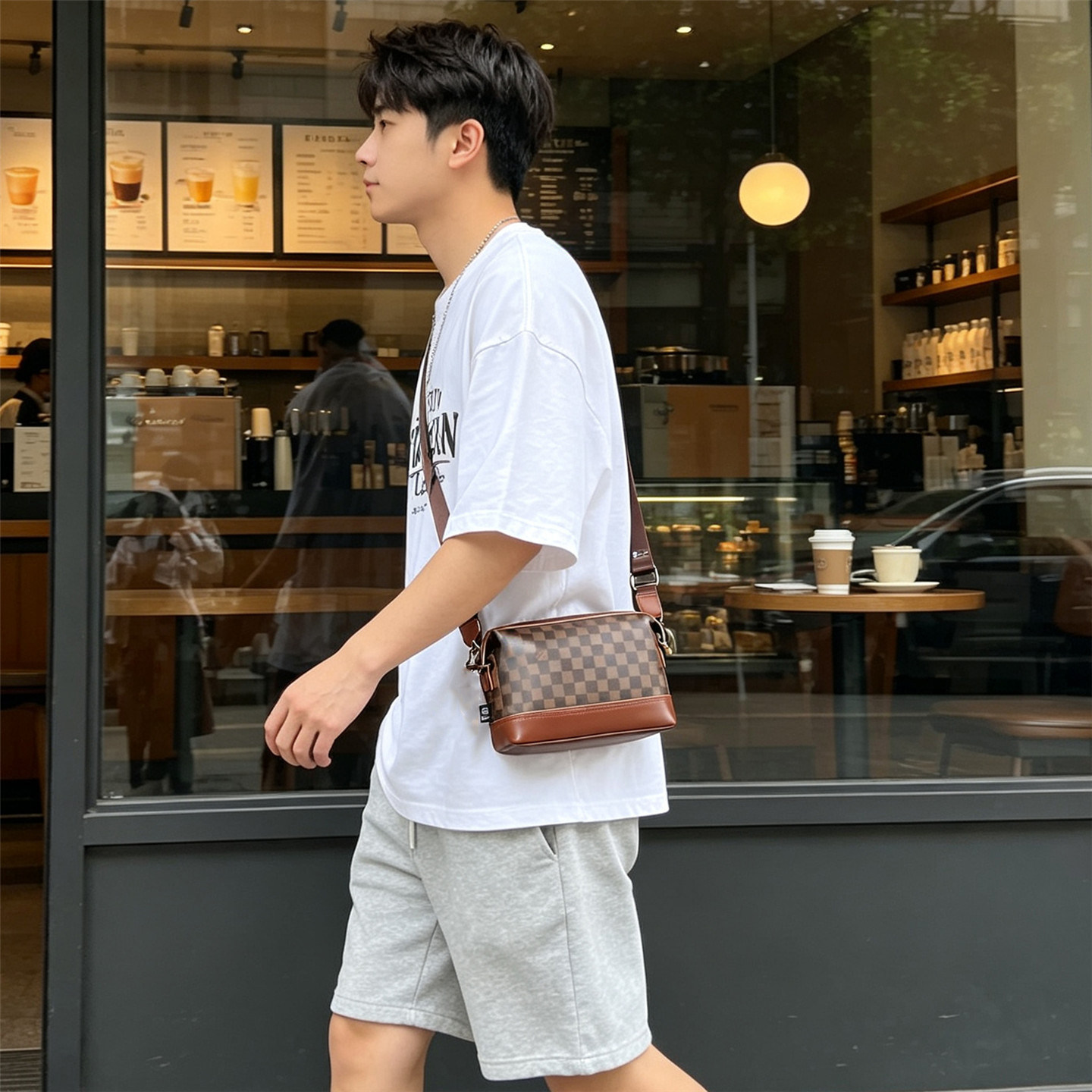 Three-Box格纹大容量斜挎男包