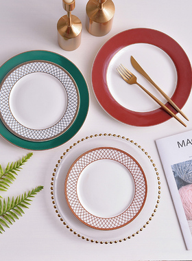 欧式金边圣诞盘子红色喜庆摆盘玻璃珠点西餐盘宴会样板间摆盘垫盘