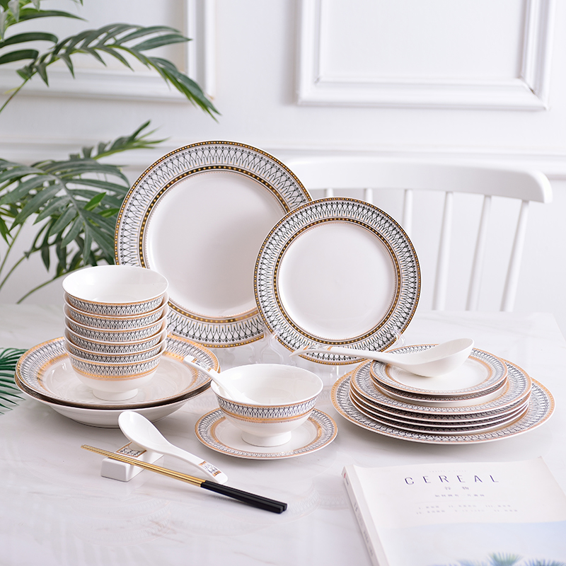 陶瓷餐具雪诺汤盘金边碗碟套装