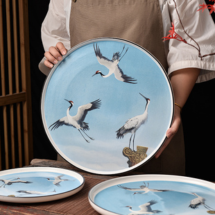 中式瑞鹤图摆盘菜盘 网红蟹仙盘画宴名画大号陶瓷盘创意装饰盘子