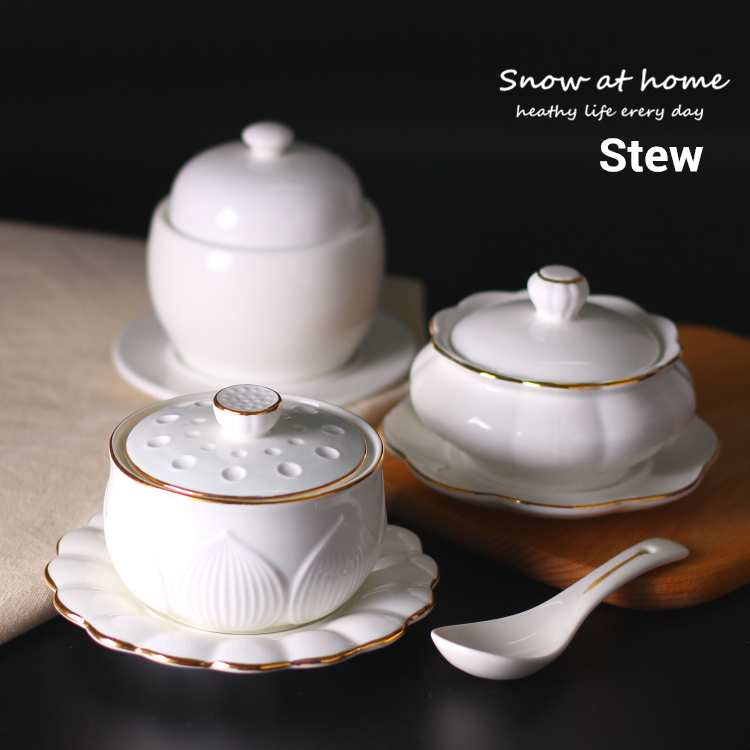 雪诺炖盅 隔水陶瓷燕窝雪蛤补品汤盅 带盖骨瓷纯白描金炖锅汤煲罐