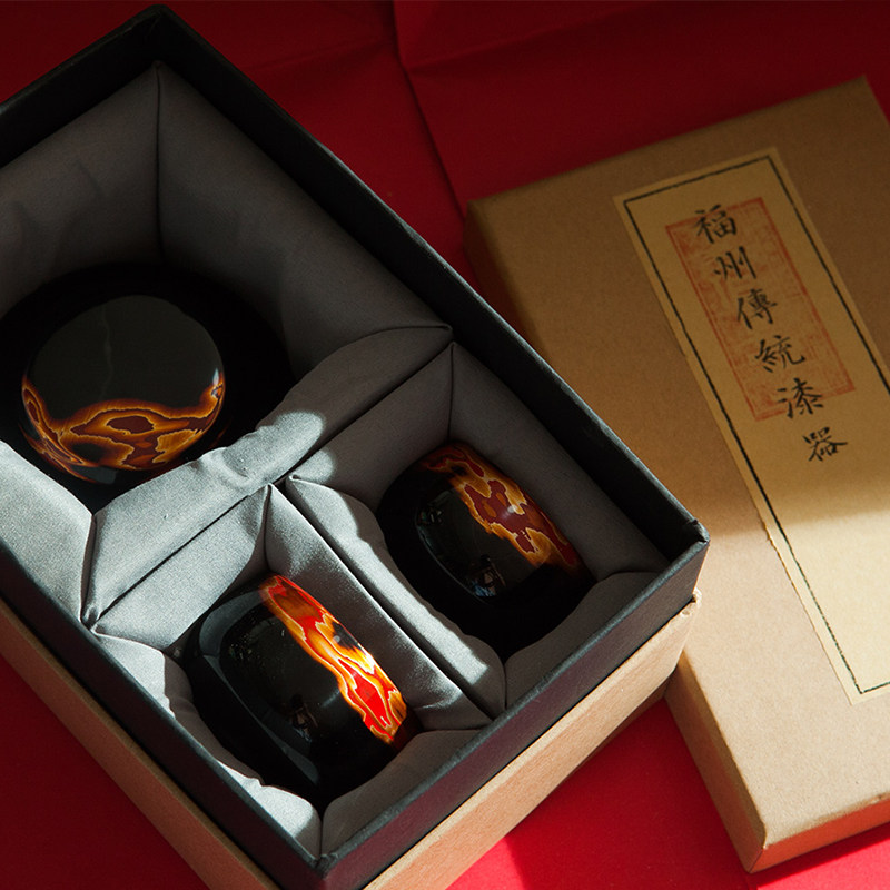 安泰桥 传统漆器 礼盒 金火纹扁圆罐 茶杯 礼品套装